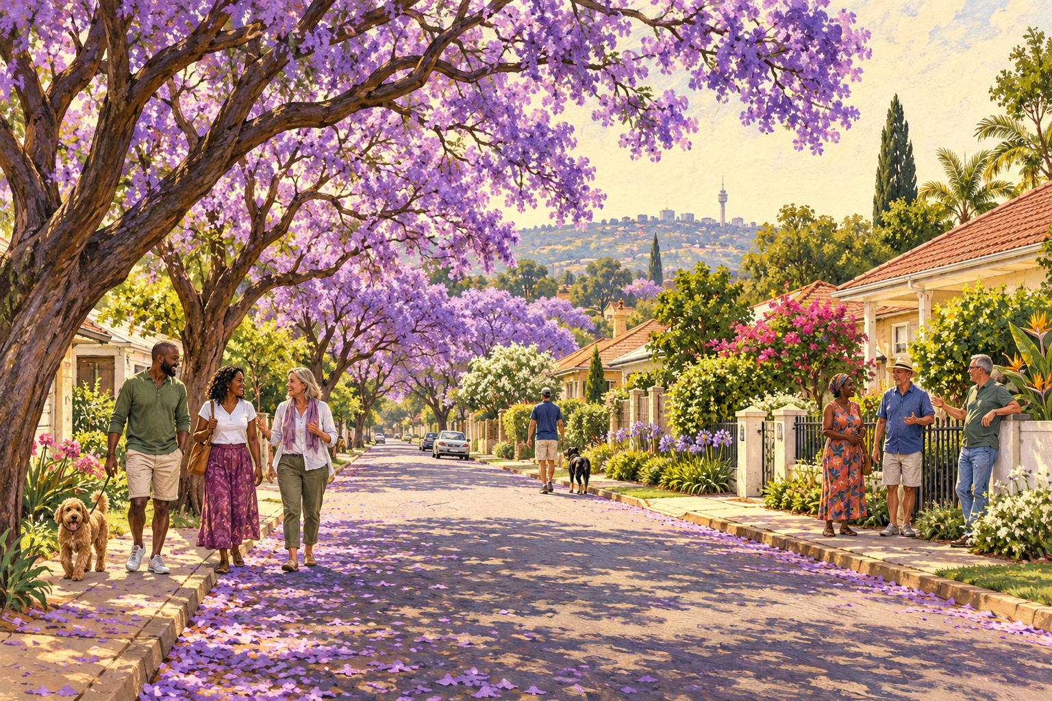 Illustration of neighbours enjoying a leafy street beneath purple jacaranda trees